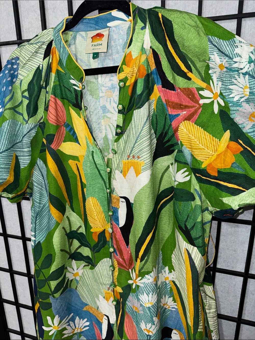 FARM Rio Vintage Toucan Tropical Floral Belted Romper Size M Green Resort - Picture 7 of 12